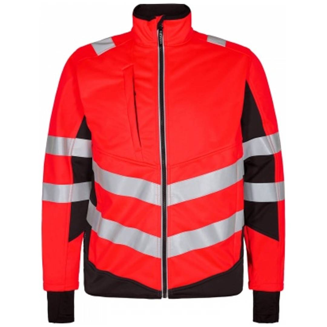 Rote Sicherheitsjacke mit Reißverschluss und reflektierenden silbernen Streifen sowie schwarzen Seitenpaneelen, Vorderansicht auf weißem Hintergrund.