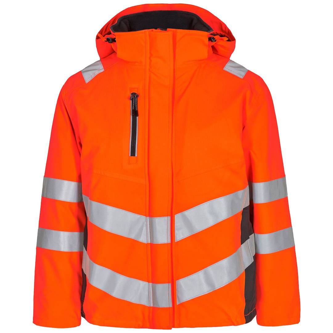 Leuchtend orangefarbene Sicherheitsjacke mit Kapuze und reflektierenden silbernen Streifen sowie Reißverschluss vorne, auf weißem Hintergrund dargestellt.