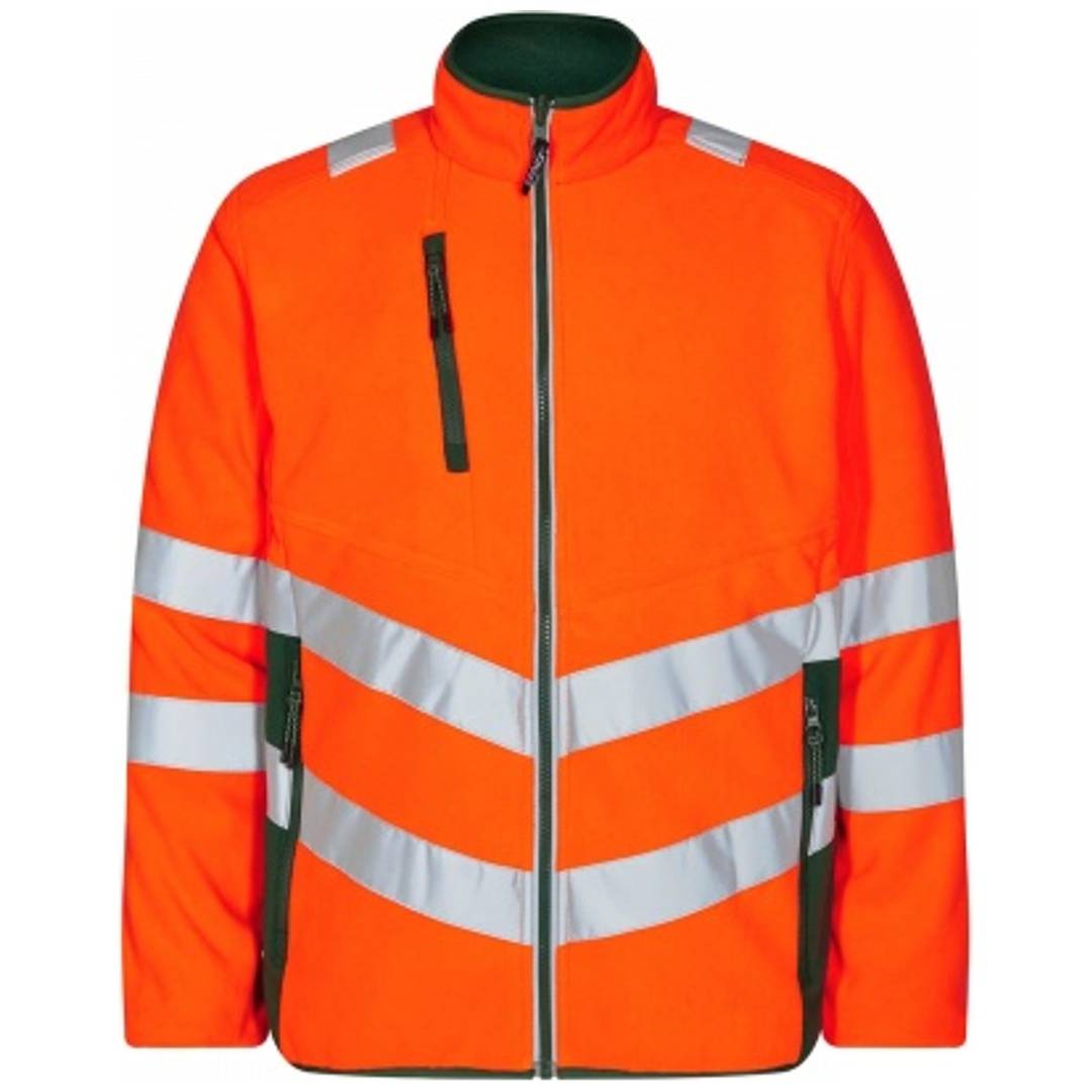 Leuchtendes orangefarbenes Warnschutzhemd mit reflektierenden silbernen Streifen, Frontverschluss und dunklem Besatz, auf neutralem Hintergrund dargestellt.