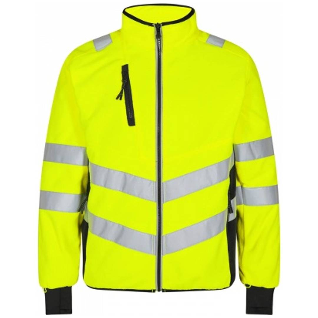 Hochsichtbar neongelbe Reißverschluss-Jacke mit grauen Reflektorstreifen und schwarzer Einfassung, Vorderansicht auf einfachem Hintergrund.