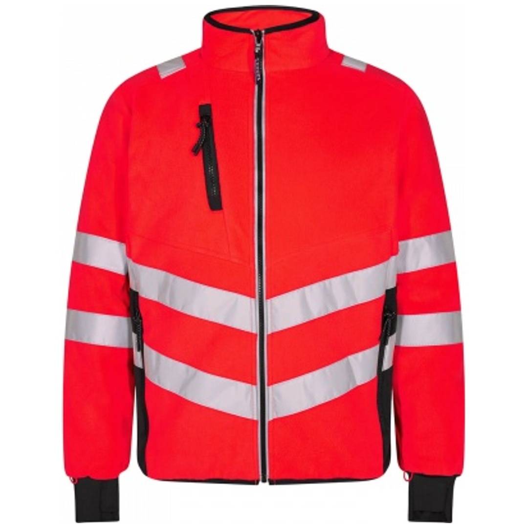 Leuchtend rote Hochsichtbarkeitsjacke zum Reißverschluss mit reflektierenden grauen Chevrons und Streifen, schwarzen Manschetten und Stehkragen auf weißem Hintergrund.
