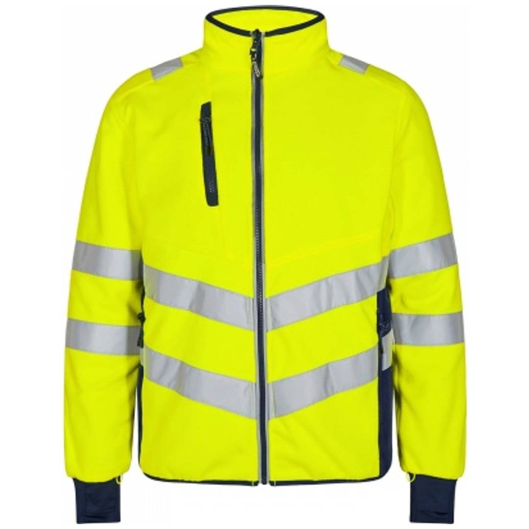 Hochsichtbare neonorange Jacke mit reflektierenden silbernen Streifen, Reißverschluss vorne, Reißverschluss-Brusttasche und dunklen Manschetten