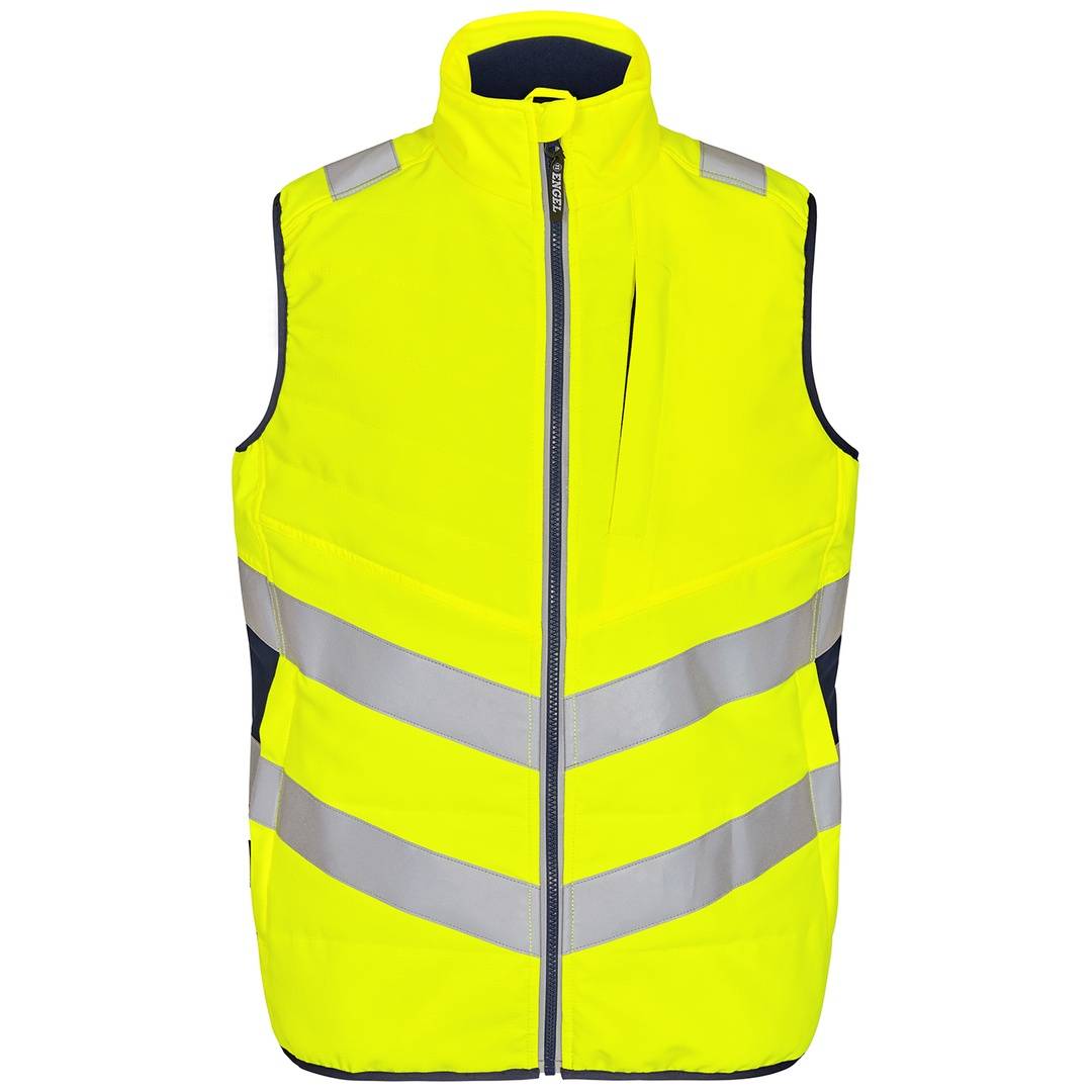 Hochsichtbarkeitsleuchtendes Neon-Gelb Ärmelloses Sicherheitsweste mit reflektierenden Silberstreifen und Frontreißverschluss auf weißem Hintergrund.