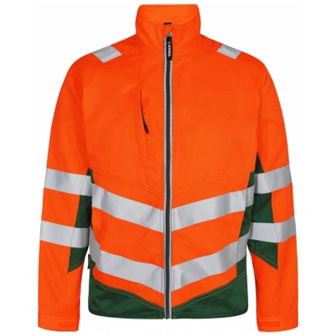 Orange Sicherheitsjacke mit Reißverschluss und silbernen reflektierenden Streifen sowie dunkelgrünen unteren Paneelen, frontal auf neutralem Hintergrund gezeigt.