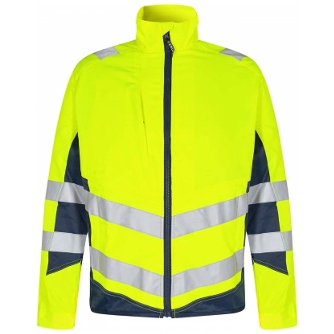 Hochsichtbare neongelbe Sicherheitsjacke mit Reißverschluss, reflektierenden silbernen Streifen und dunkelblauen Akzenten auf weißem Hintergrund.