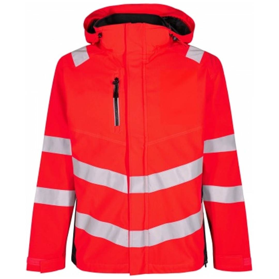 Hochsichtbare rote Jacke mit Kapuze und reflektierenden silbernen Streifen auf einfachem weißem Hintergrund.
