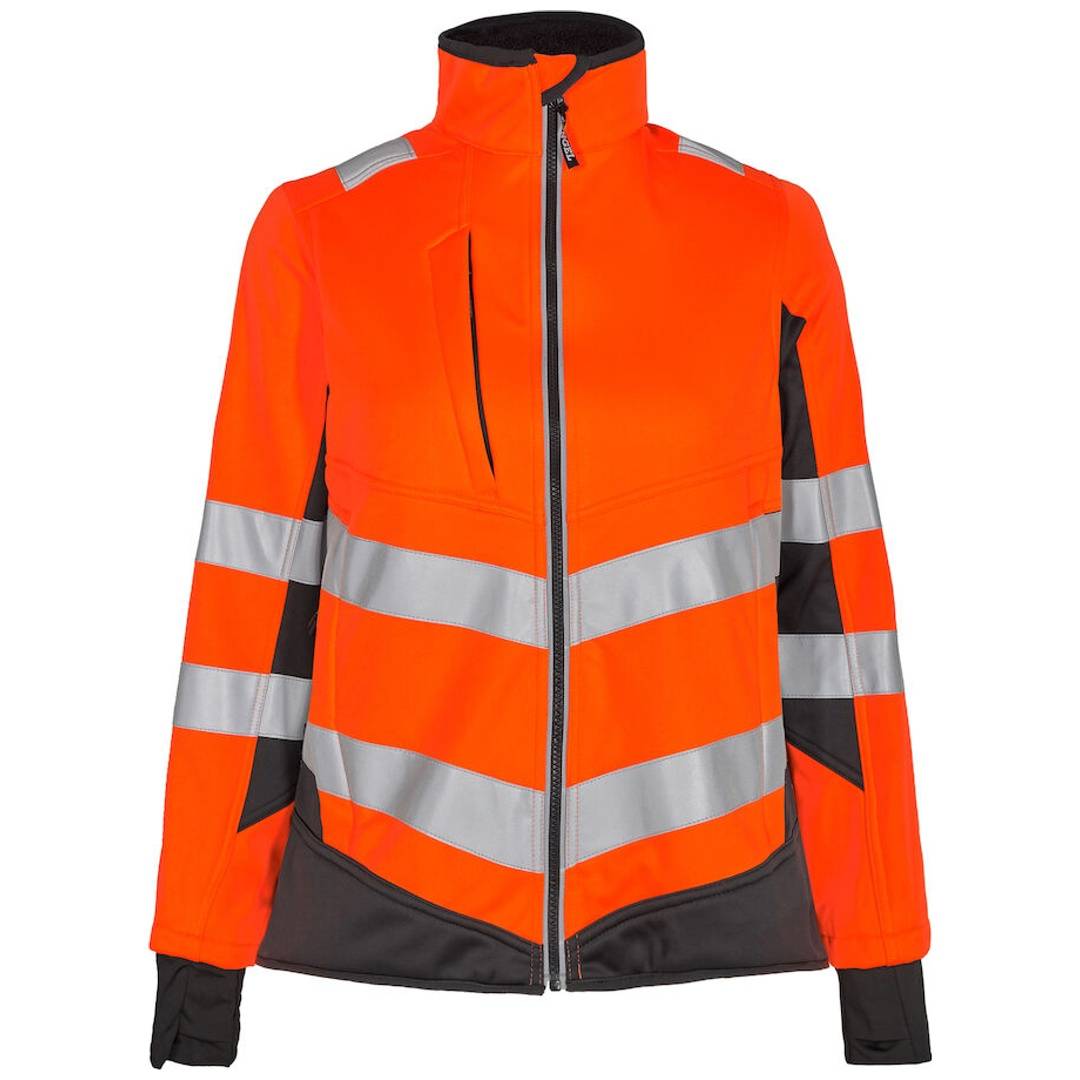 Leuchtend orangefarbene Hochsichtbarkeitsjacke mit Reißverschluss, reflektierenden silbernen Chevrons und schwarzer Einfassung, Vorderansicht auf weißem Hintergrund gezeigt.