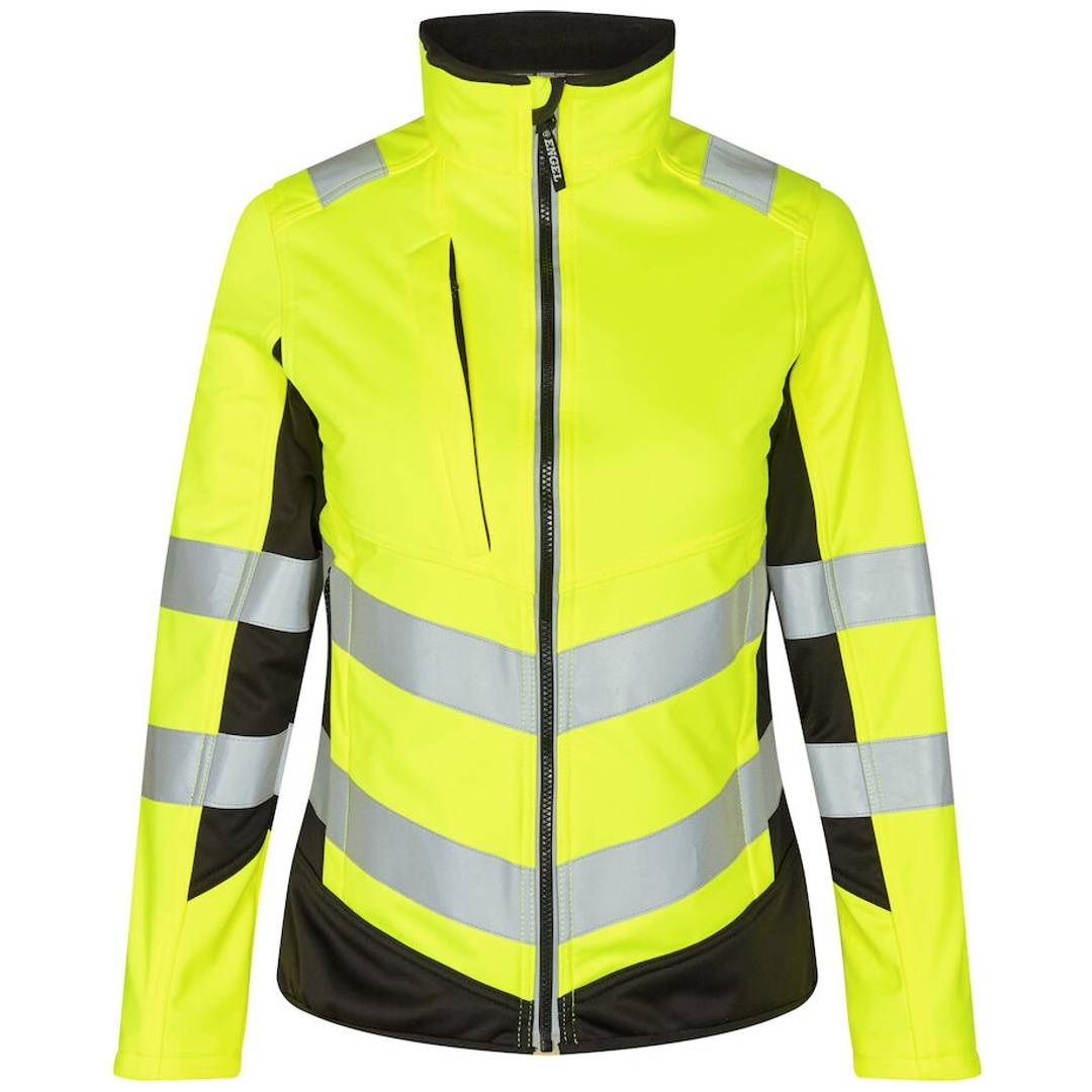 Neongelbe Sicherheitsjacke mit Reißverschluss und reflektierenden silbernen Bändern sowie schwarzen Seitenpaneelen, Vorderansicht auf weißem Hintergrund.
