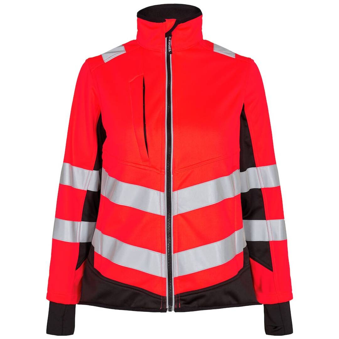 Leuchtend rotes Sicherheitsarmeenparka mit Reißverschluss und reflektierenden silbernen Streifen sowie schwarzen Kanten, Vorderansicht auf einem einfachen weißen Hintergrund.