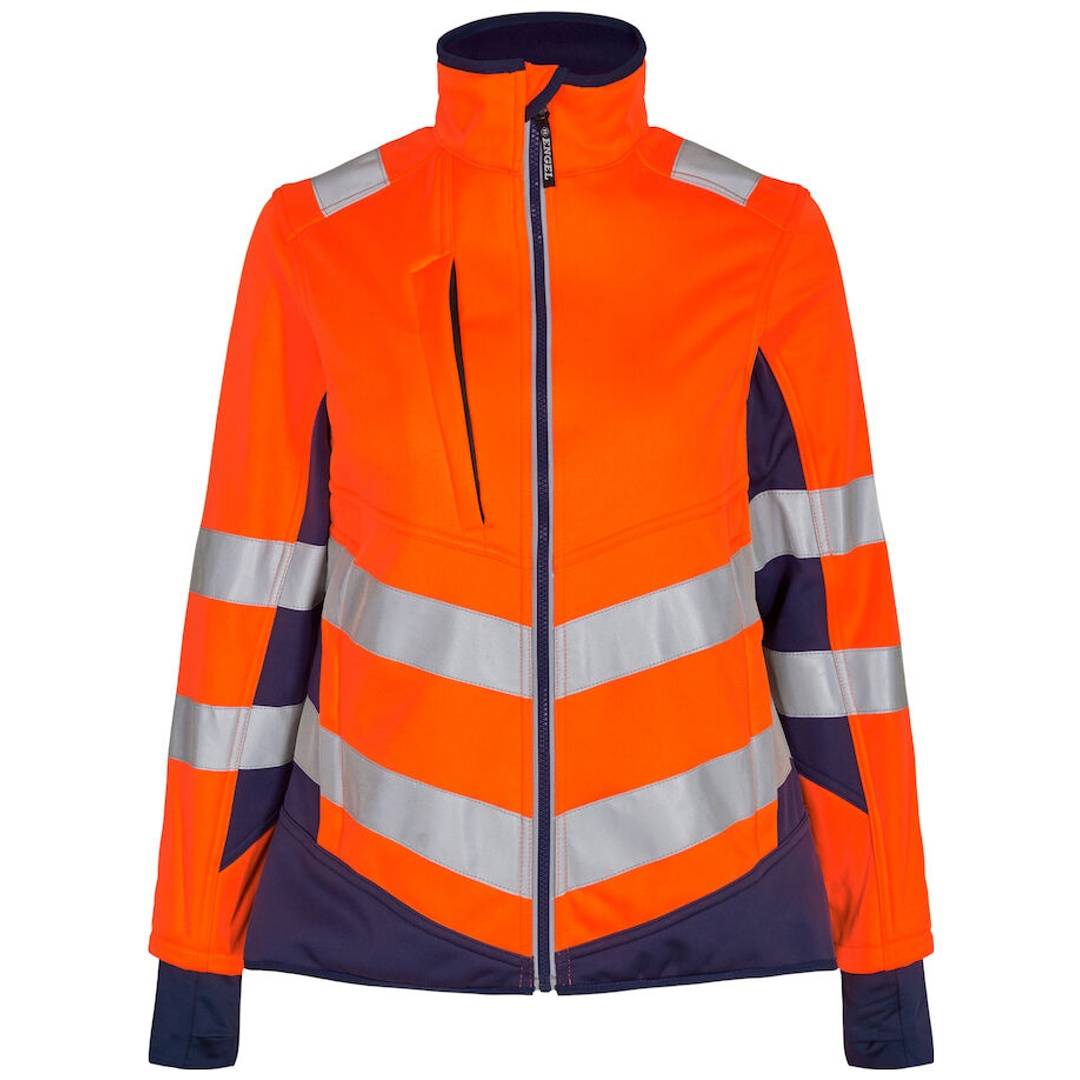 Leuchtend orangefarbige Sicherheitsjacke mit Reißverschluss und reflektierenden silbernen Streifen sowie dunkelblauen Akzenten, Vorderansicht auf weißem Hintergrund dargestellt.