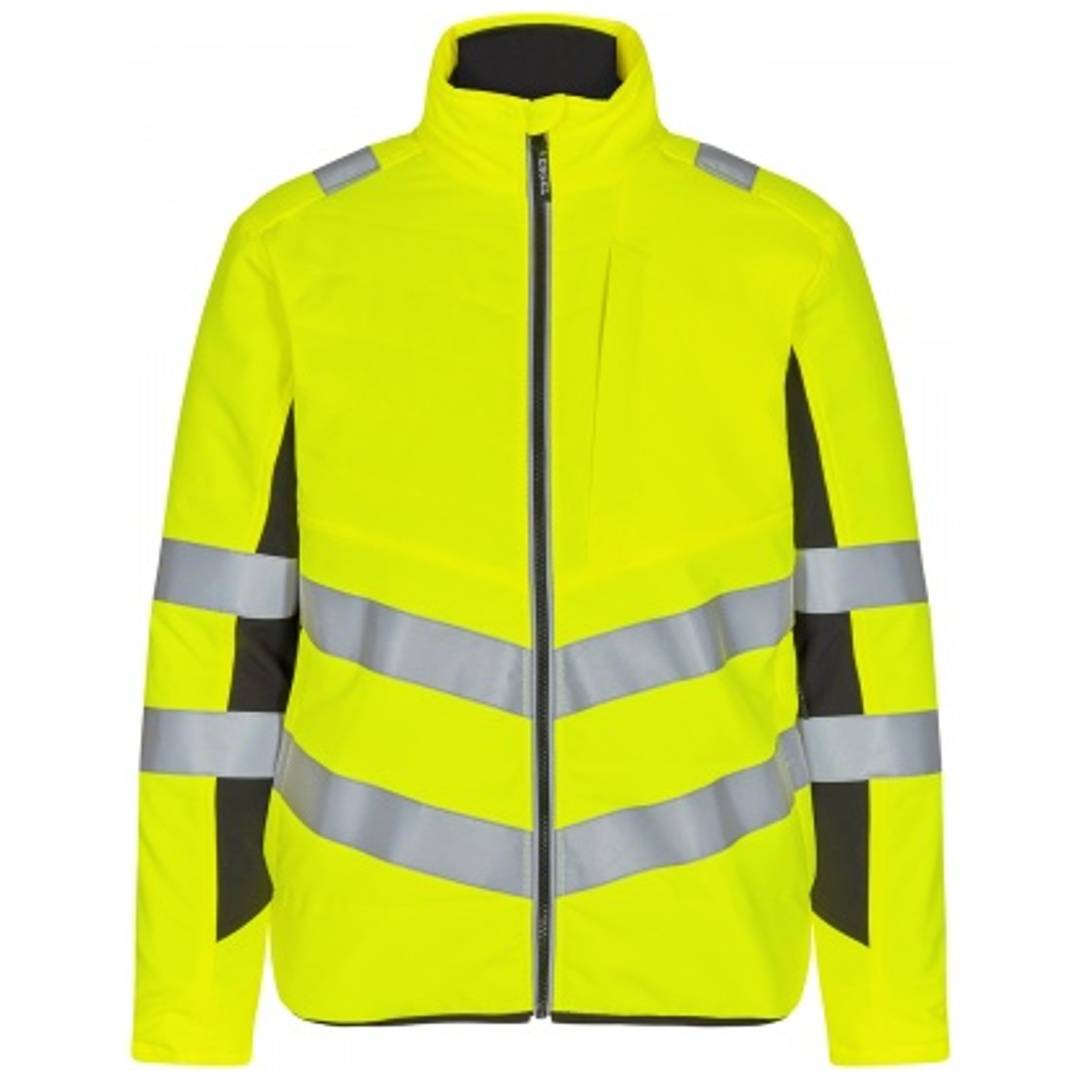 Fluoreszierend gelbe Warnweste mit reflektierenden silbernen Streifen und Frontreißverschluss, Vorderansicht auf weißem Hintergrund gezeigt.