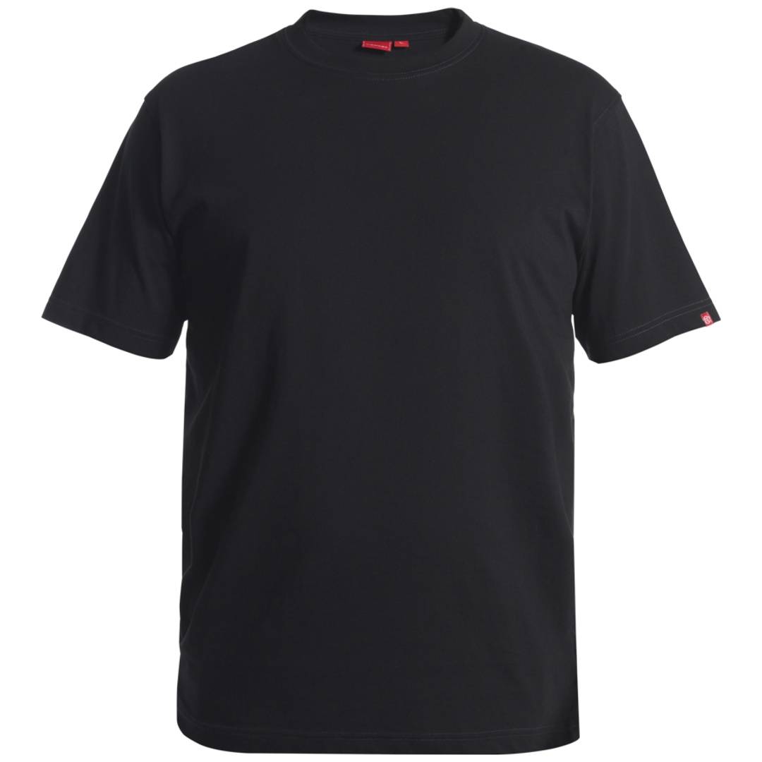 Einfaches schwarzes kurzärmeliges T-Shirt, Vorderansicht auf weißem Hintergrund dargestellt.