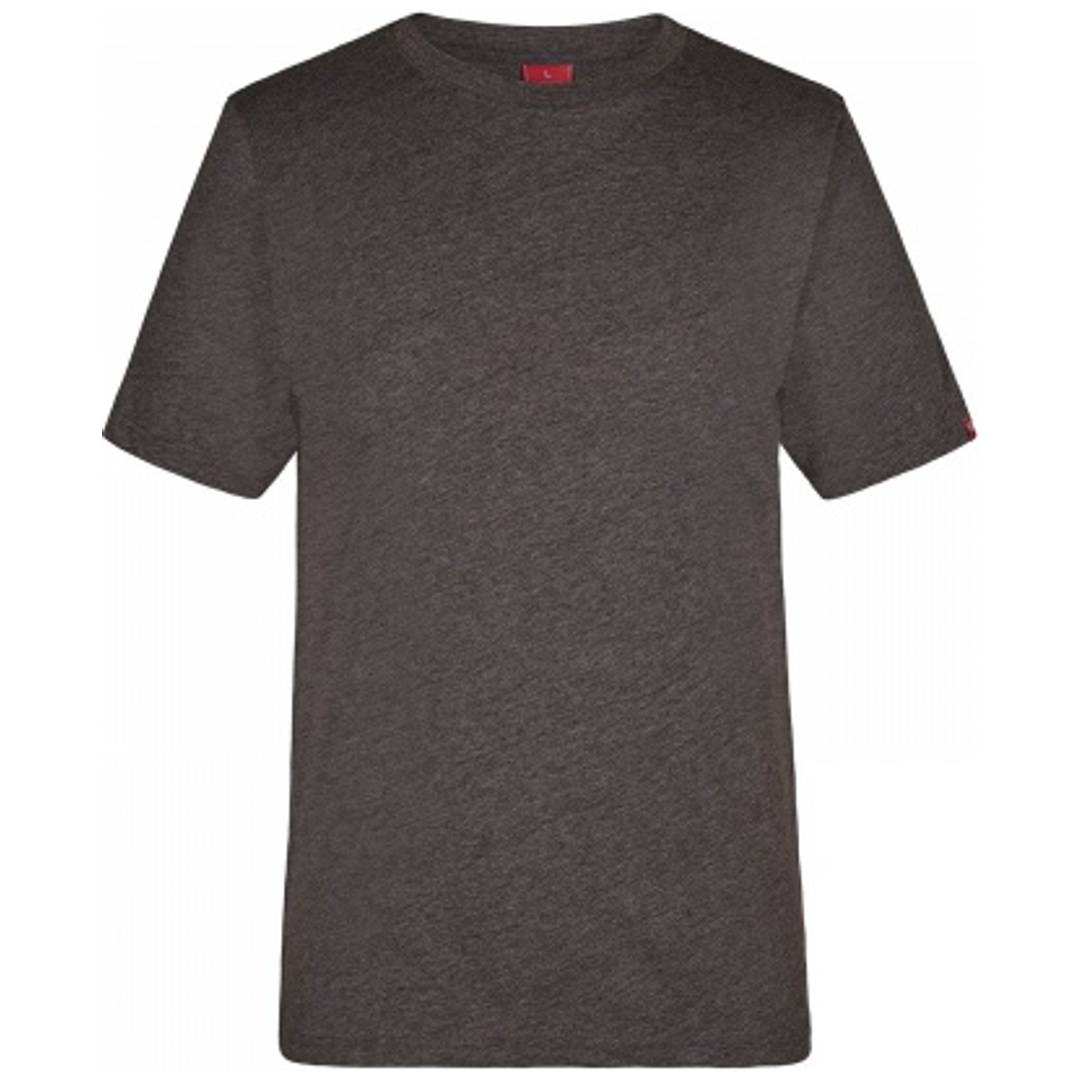 Dunkelgraues T-Shirt mit Kurzarm und Rundhalsausschnitt, Vorderansicht auf weißem Hintergrund dargestellt.