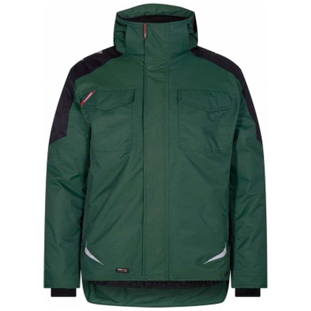 Dunkelgrüne Kapuzenjacke mit schwarzen Schulterpanelen, Reißverschluss vorne, Brusttaschen und reflektierenden Akzenten.