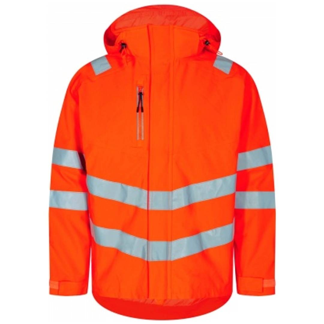Leuchtend orangefarbige Sicherheitsjacke mit Kapuze und reflektierenden silbernen Streifen an den Ärmeln, der Brust und der Taille.