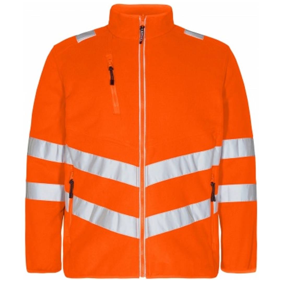 Knallrote Sicherheitsjacke mit Reißverschluss und reflektierenden silbernen Streifen auf der Brust, den Ärmeln und den Schultern.