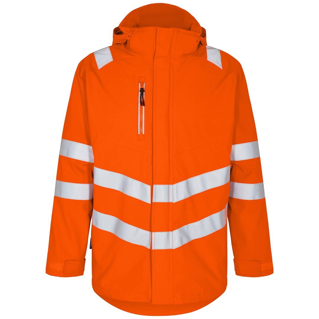 Orange Hochsichtbarkeitsjacke mit Kapuze, reflektierenden silbernen Streifen, Frontreisverschluss und Brustentasche, gezeigt auf einfachem weißem Hintergrund.