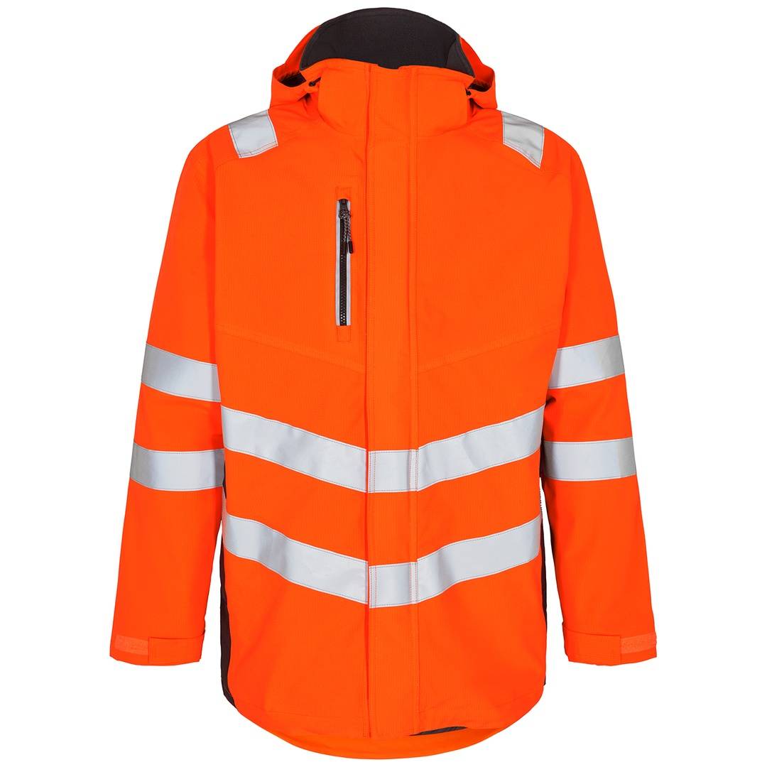 Leuchtend orangefarbene Sicherheitsjacke mit Kapuze, silberfarbenen Reflexionsstreifen und Frontreißverschluss, gezeigt vor einem weißen Hintergrund.