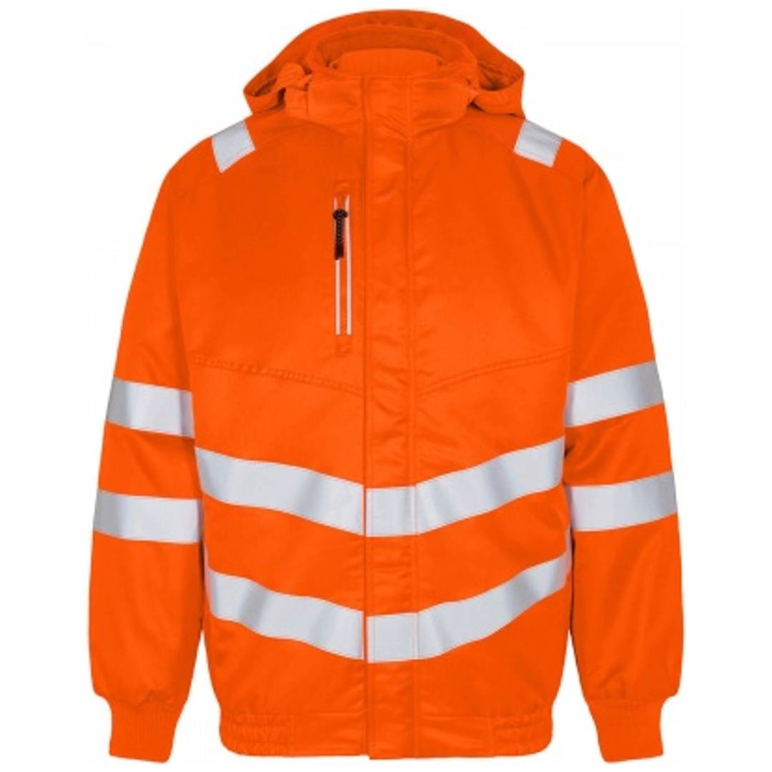 Leuchtend orangefarbene Warnschutzjacke mit Kapuze und reflektierenden silbernen Streifen auf der Brust, den Ärmeln und den Schultern.