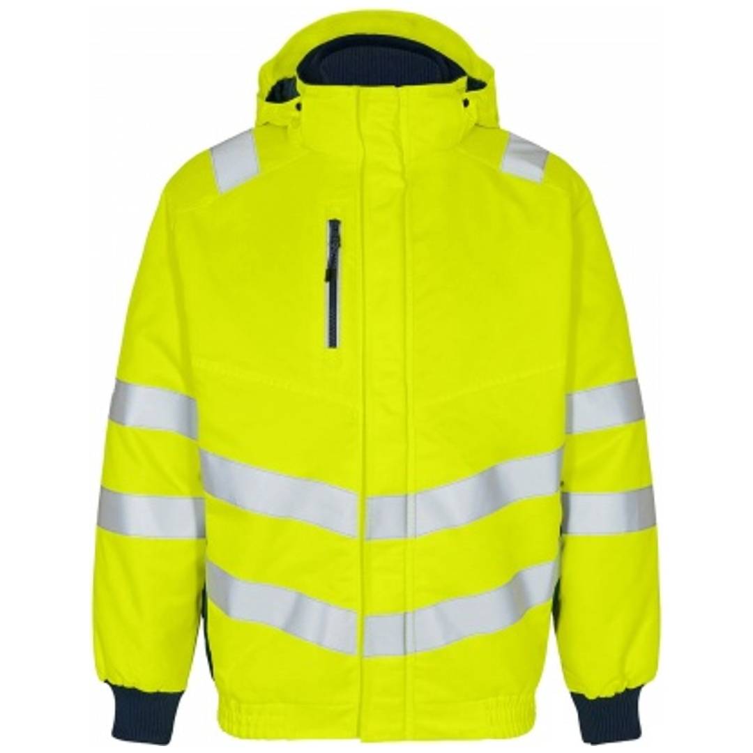 Hochsichtbare neongelbe Kapuzenjacke mit reflektierenden silbernen Streifen und dunklen Bündchen, in Vorderansicht vor neutralem Hintergrund dargestellt.