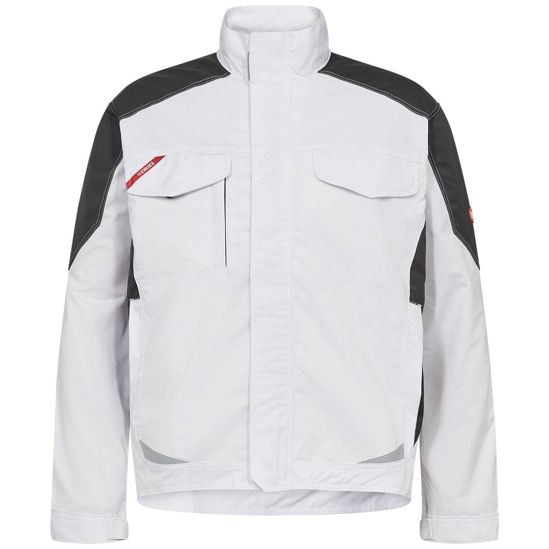 Weiße Reißverschlussjacke mit schwarzen Schulter- und Seitenpaneelen, zwei Brusttaschenpattentaschen und hohem Kragen, Vorderansicht auf neutralem Hintergrund.