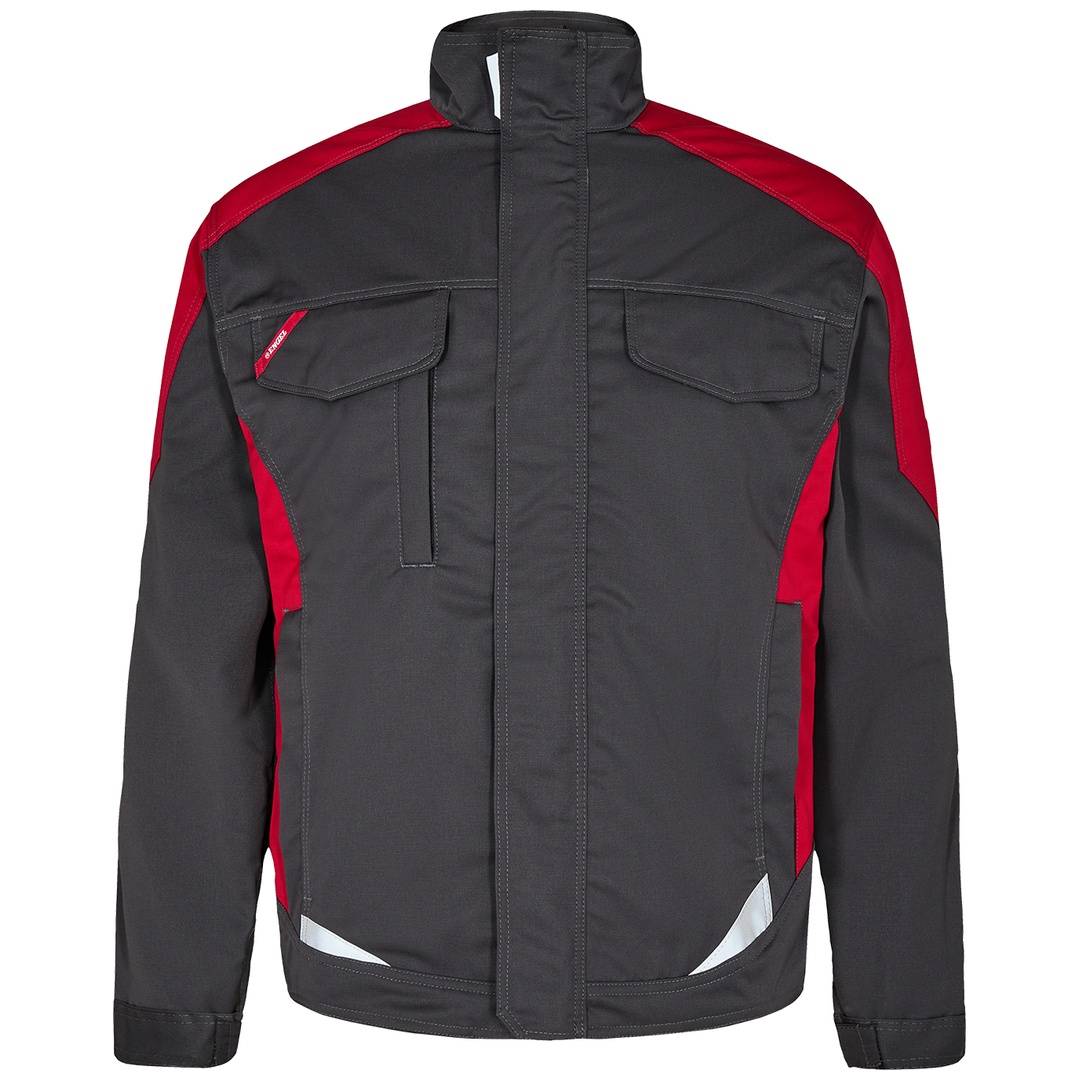 Schwarze Arbeitsjacke mit Reißverschluss, roten Schulter- und Seiteneinsätzen, Brusttaschenklappen und reflektierendem Besatz am Saum.