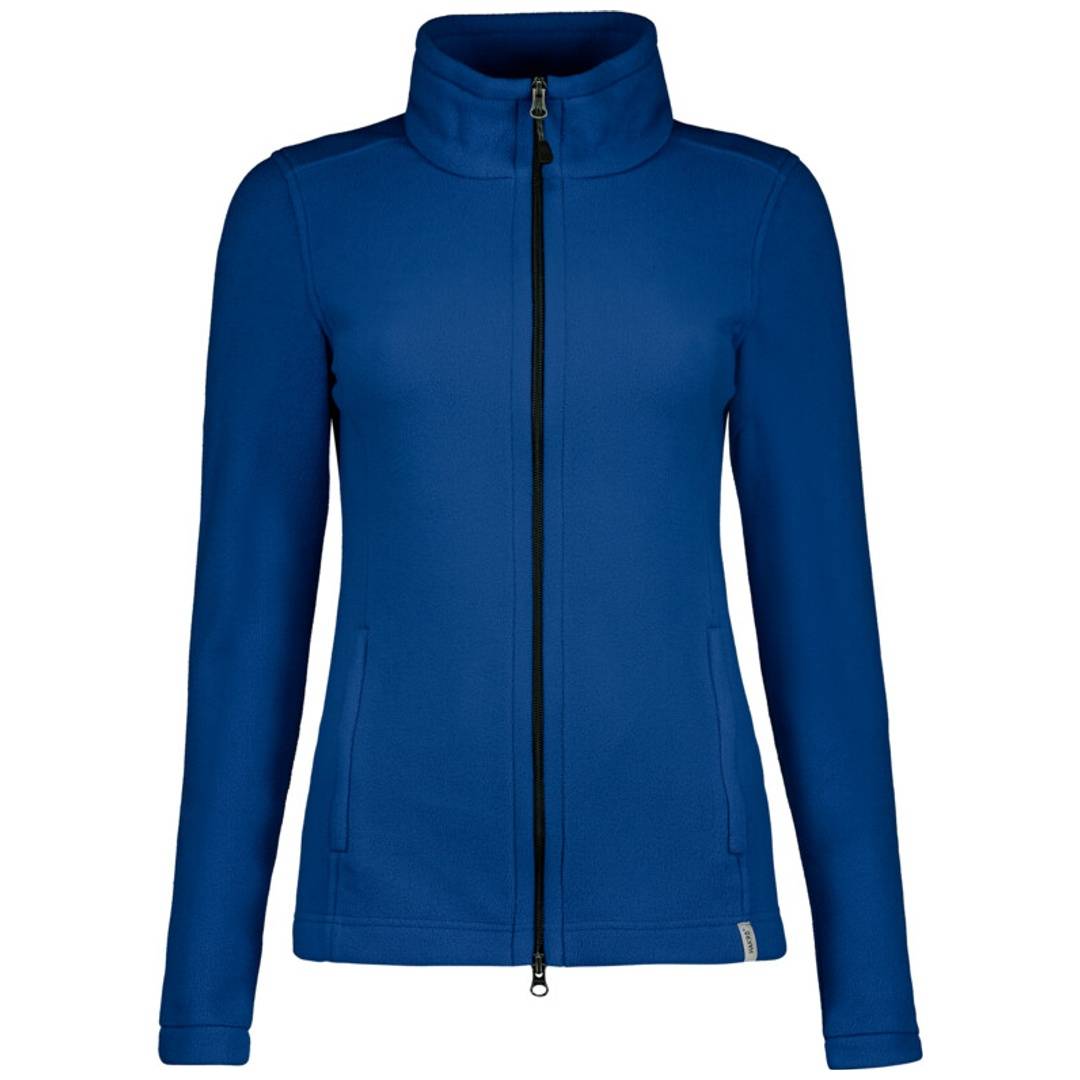 Blauer Reißverschluss-Jacke mit hohem Kragen und langen Ärmeln, Vorderansicht auf weißem Hintergrund gezeigt.