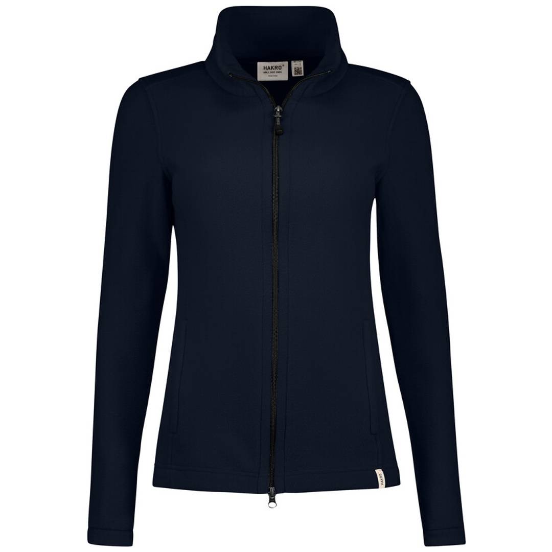 Dunkelblaue Reißverschlussjacke mit hohem Kragen, langen Ärmeln und tailliertem Schnitt auf einfachem weißem Hintergrund.