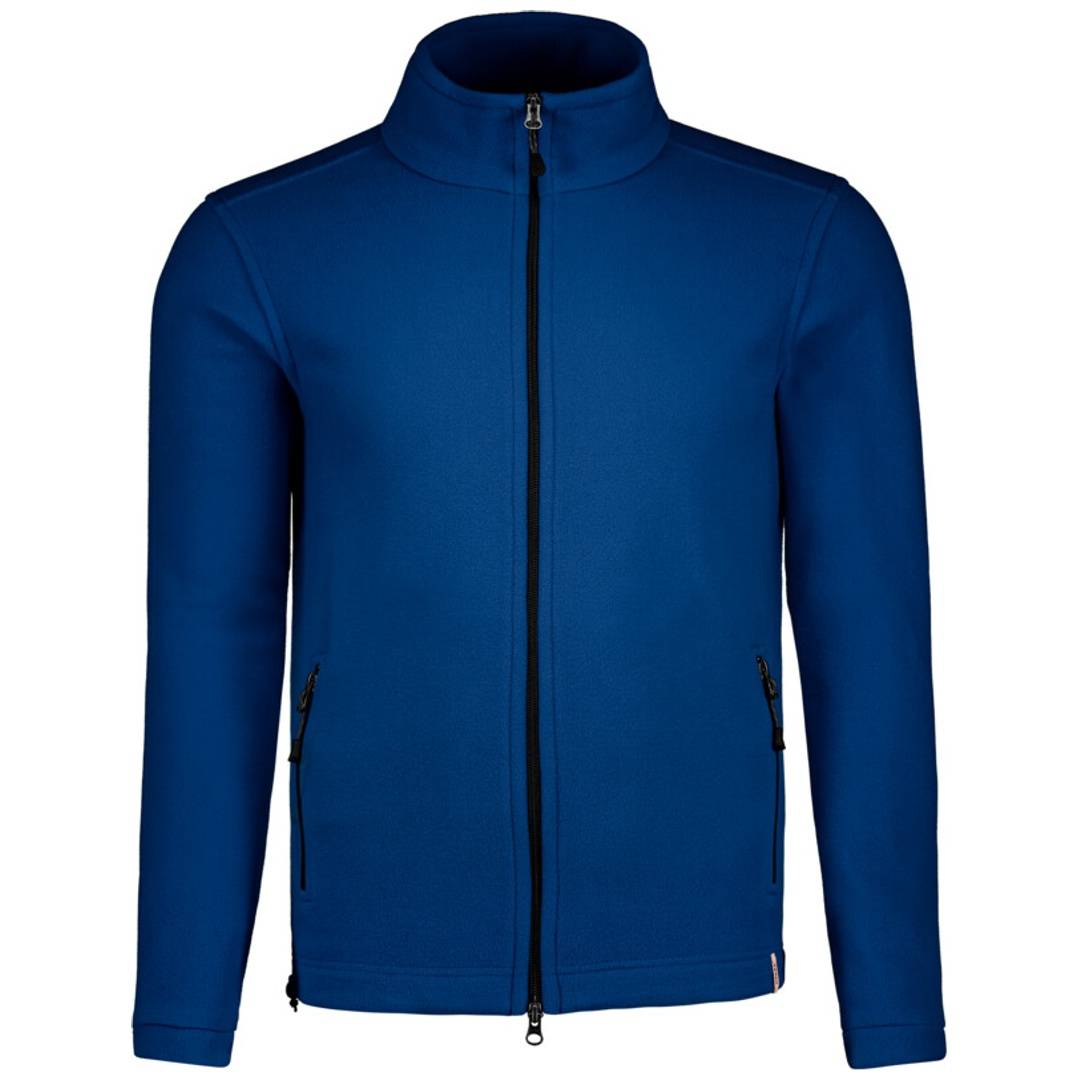 Blaue Übergangsjacke mit Reißverschluss, hohem Kragen und langen Ärmeln, Vorderansicht auf neutralem Hintergrund.