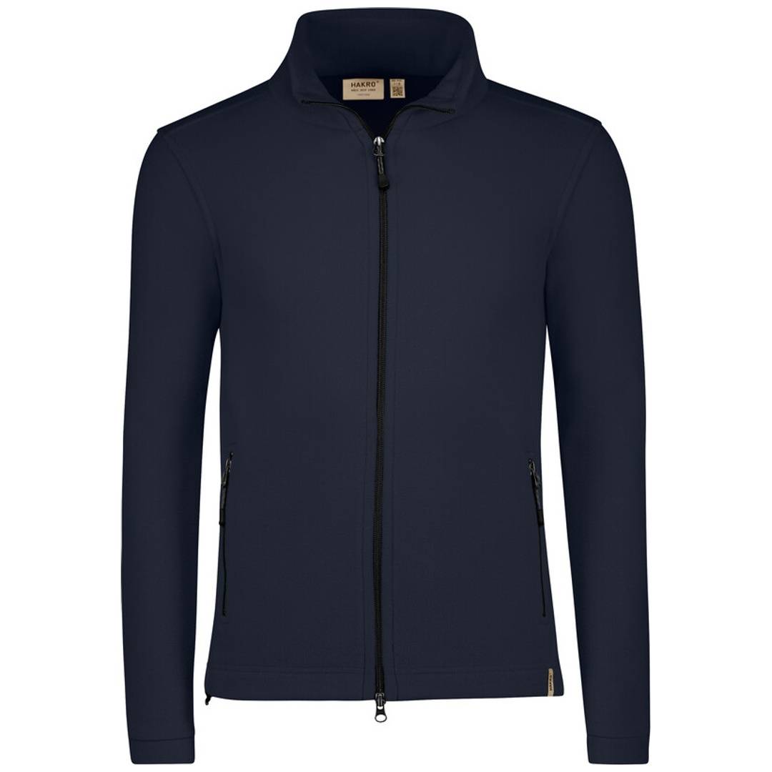 Marineblauer Vollreißverschluss-Jacke mit Stehkragen und Reißverschlusstaschen an den Seiten, Vorderansicht auf neutralem Hintergrund.