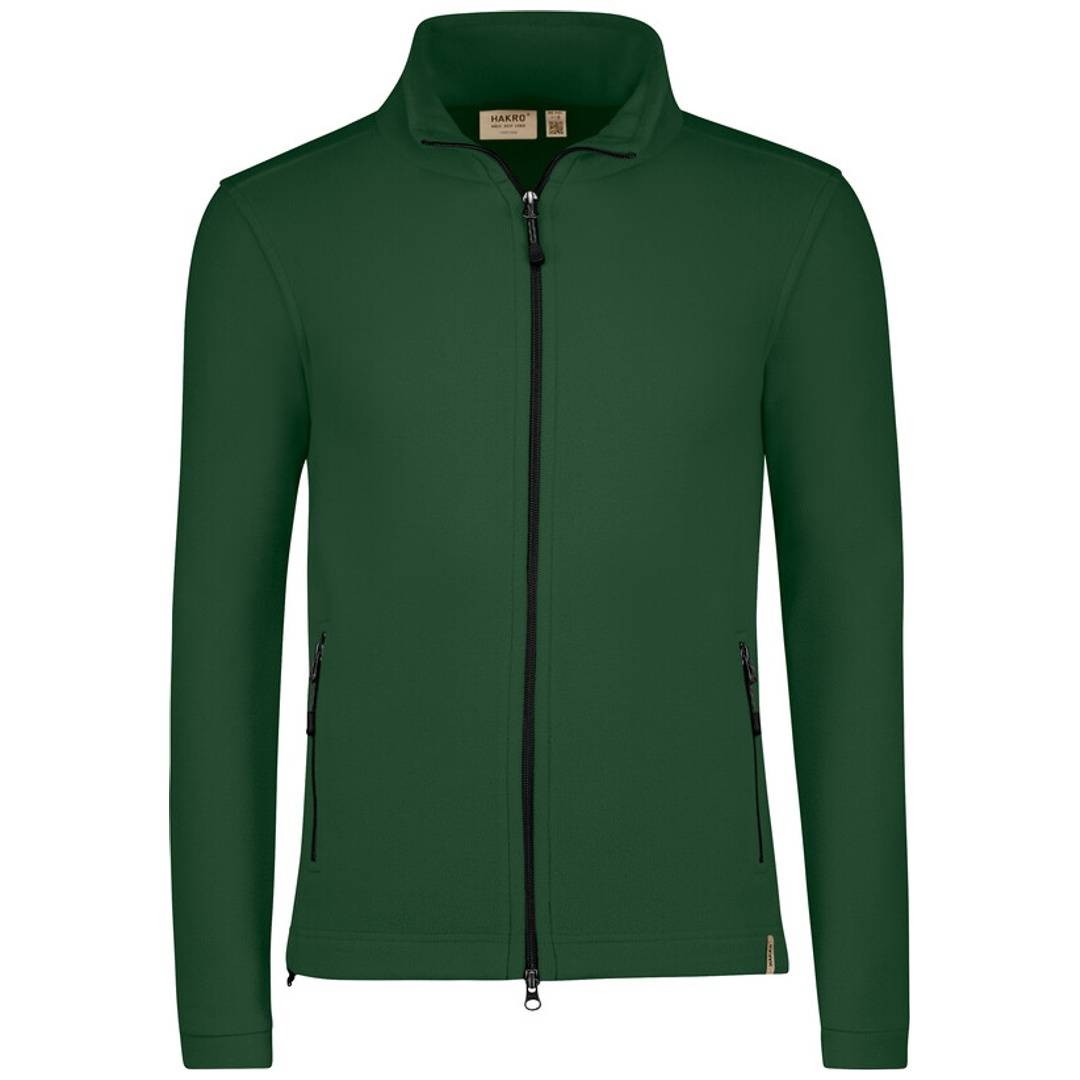 Dunkelgrüne Jacke mit Reißverschluss, Stehkragen, langen Ärmeln und Vordertaschen, gezeigt auf einem einfachen weißen Hintergrund.
