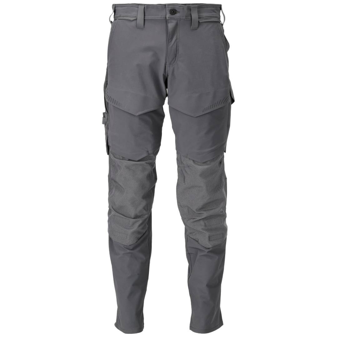 Graue taktische Cargo-Hosen mit verstärkten Knien, Seitentaschen und Gürtelschlaufen auf weißem Hintergrund.