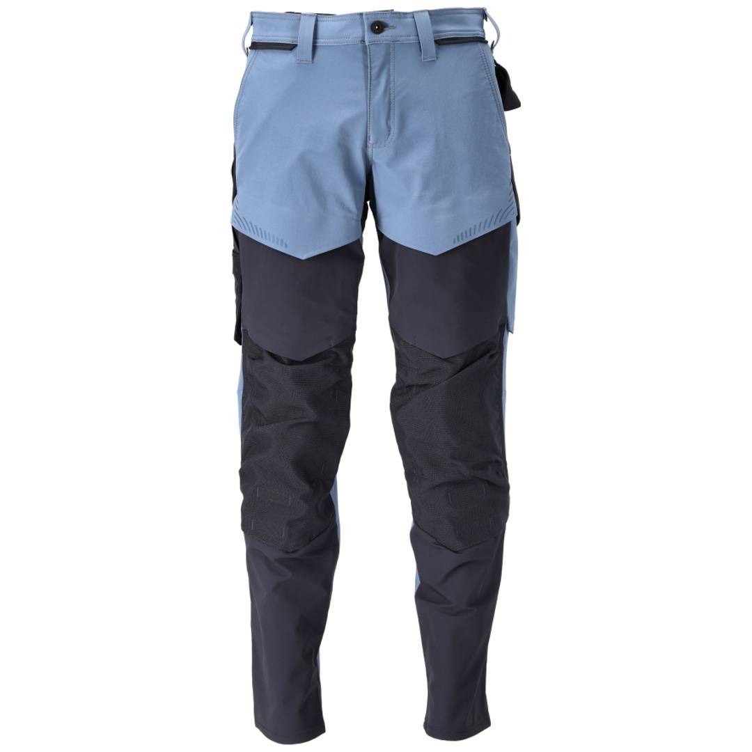 Blau-schwarze Outdoorhose mit verstärkten Knien und verstellbarem Bund, Vorderansicht auf weißem Hintergrund dargestellt.