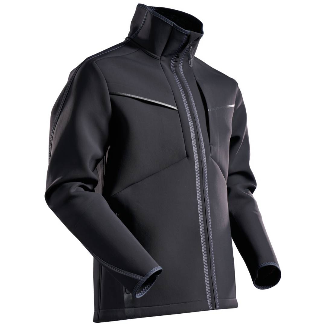 Schwarze Jacke mit hohem Kragen und Reißverschluss, lange Ärmel, auf weißem Hintergrund abgebildet.