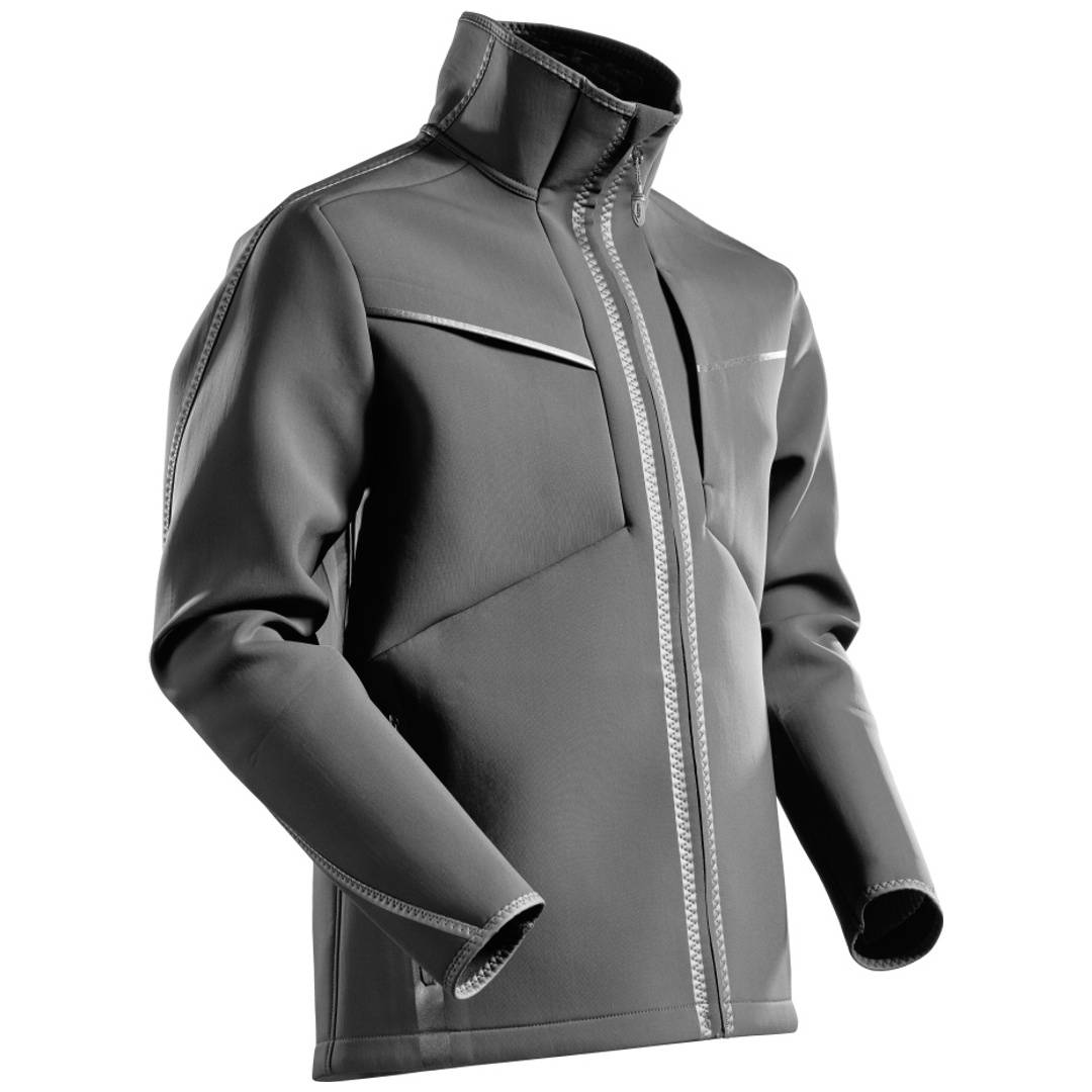 Graue Reißverschluss-Jacke mit hohem Kragen, auf weißem Hintergrund dargestellt.