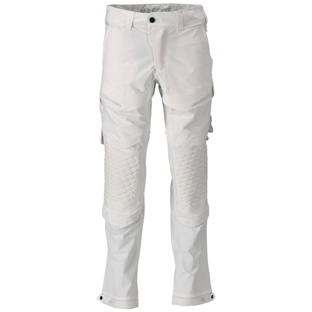Weiße Outdoor-Hose mit Knopfbund, Reißverschluss-Fly, Cargoseitentaschen und verstärkten gesteppten Kniepanels.
