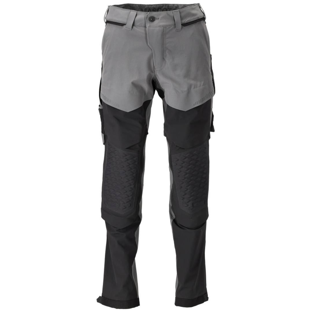 Vorderansicht von grauen und schwarzen Outdoor-Hosen mit verstärkten Knieeinsätzen und verstellbarem Bund, auf weißem Hintergrund dargestellt.