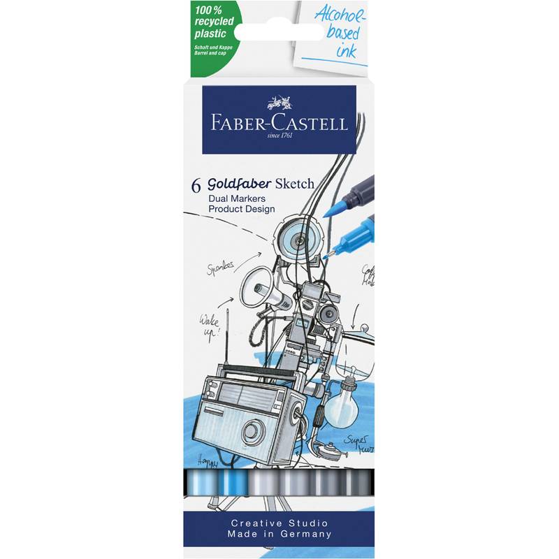Packung mit 6 Faber-Castell Goldfaber Sketch Doppelmarkern, Produktdesign-Edition, mit 100% recyceltem Kunststoff und alkoholbasierter Tinte auf der Verpackung abgebildet.