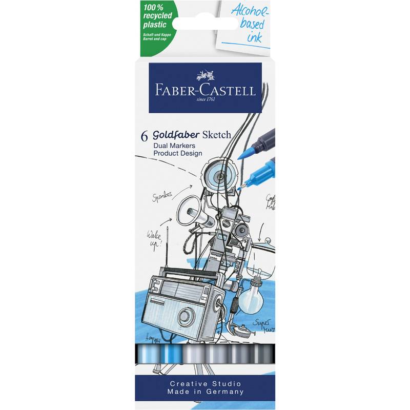 Faber-Castell Goldfaber Sketch' Set mit sechs Doppelmarkern für Produktdesign, für Illustrationen und hergestellt aus 100% recyceltem Kunststoff.