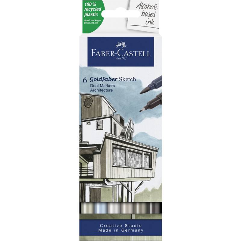 Faber-Castell Goldfaber Sketch' Markerset-Verpackung mit einer Zeichnung eines Hauses. Als alkoholbasiert gekennzeichnet, hergestellt aus 100% recyceltem Kunststoff.