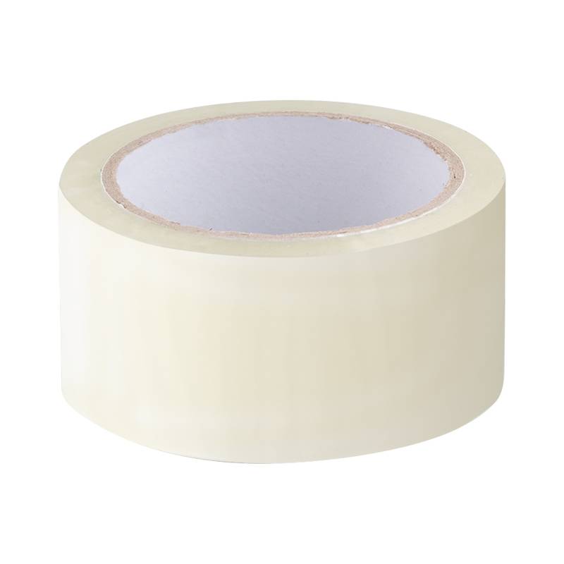 Eine Rolle durchsichtiges Packklebeband auf weißem Hintergrund.