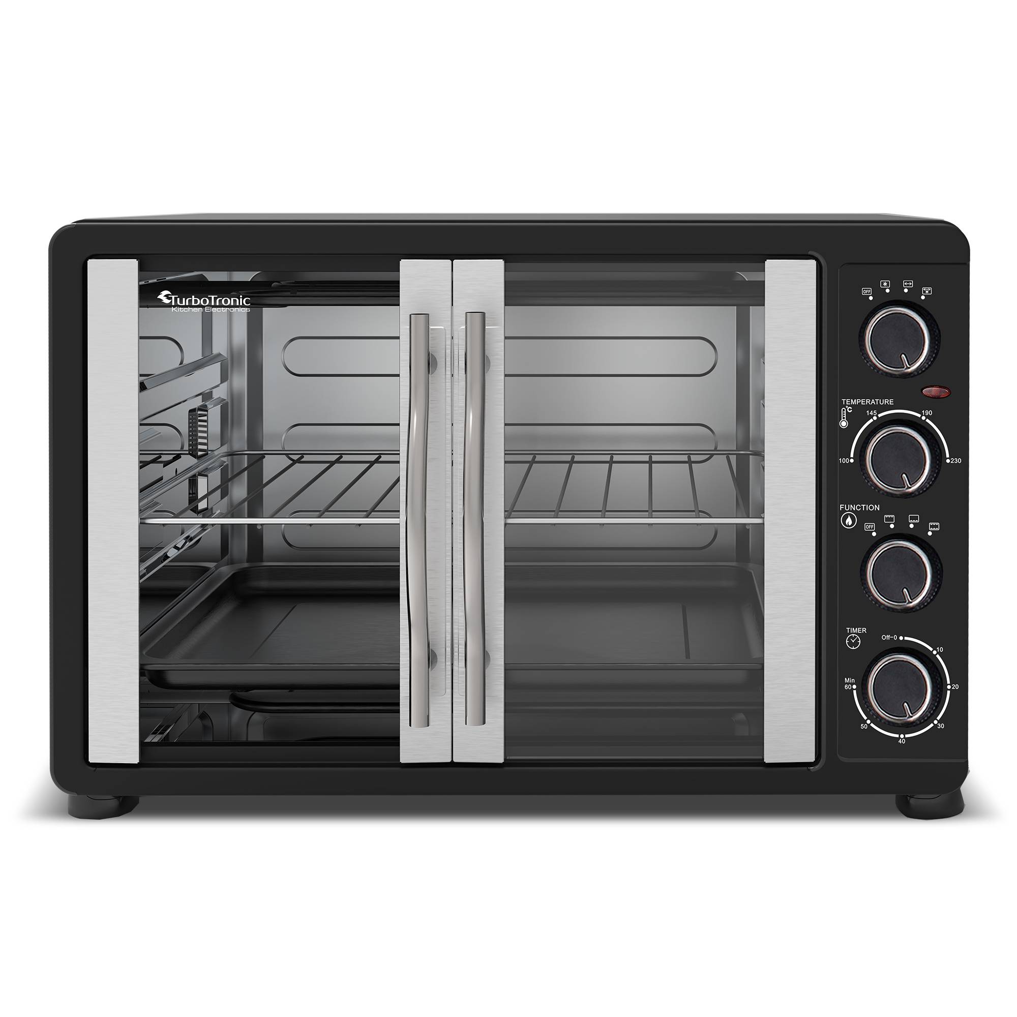 TurboTronic Minibackofen mit Umluft, 45l, schwarz, 2000W, Drehspieß, Timer, Mini Backofen, Pizzaofen, Backblech, Innenbeleuchtung