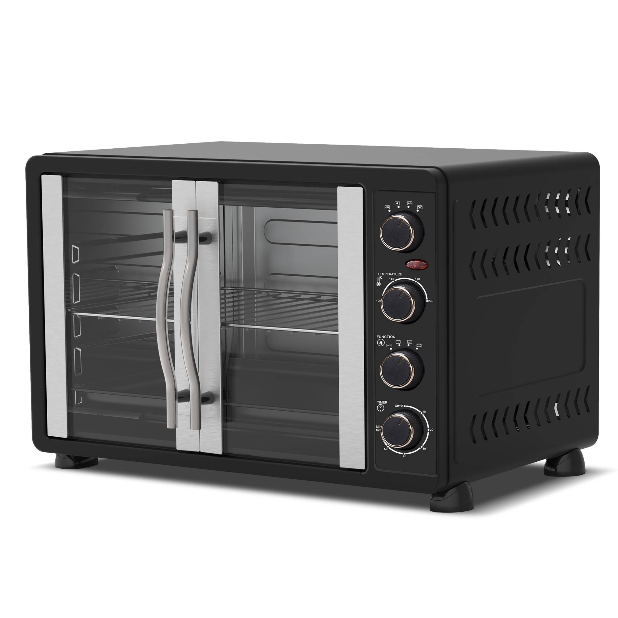 TurboTronic Minibackofen mit Umluft, 45l, schwarz, 2000W, Drehspieß, Timer, Mini Backofen, Pizzaofen, Backblech, Innenbeleuchtung
