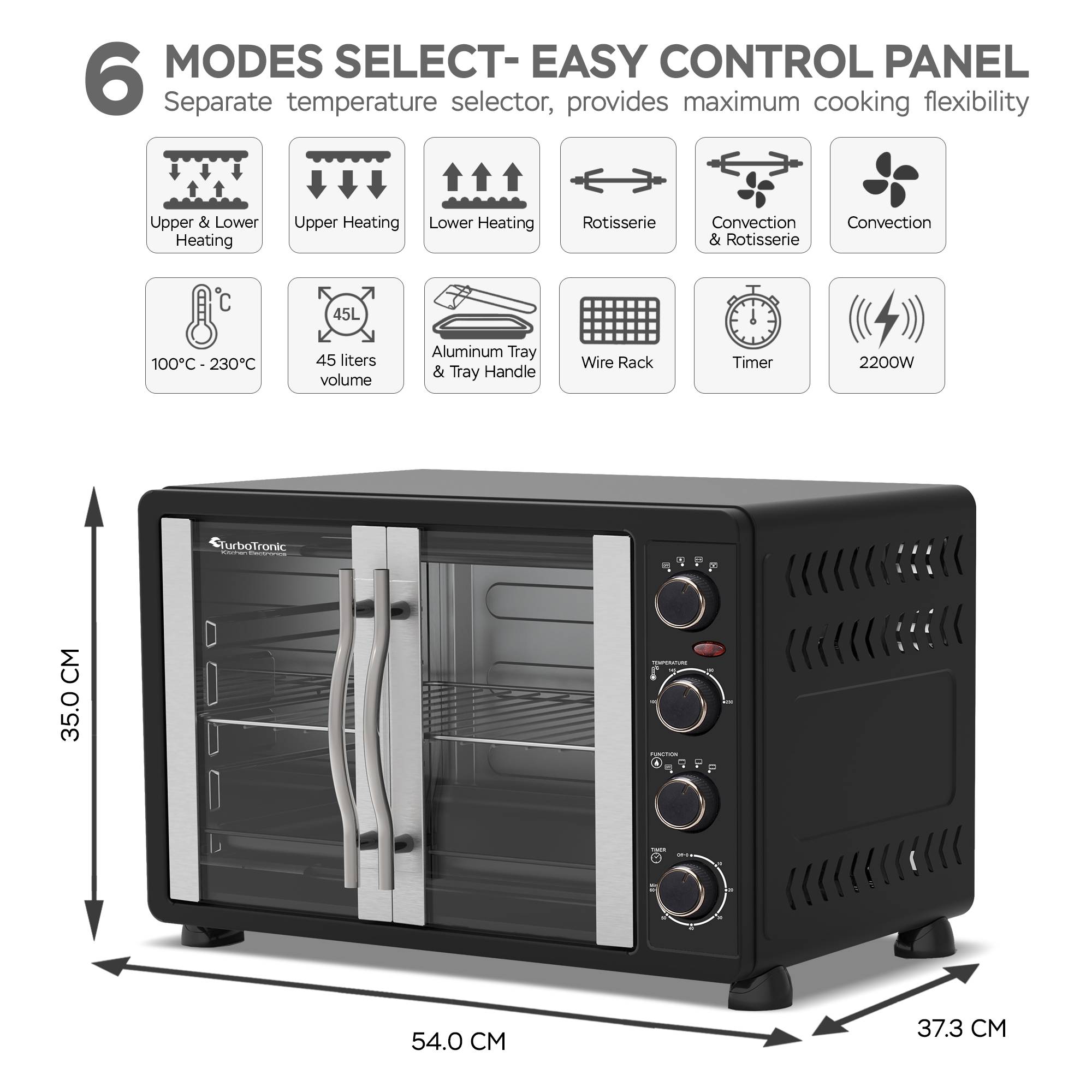 TurboTronic Minibackofen mit Umluft, 45l, schwarz, 2000W, Drehspieß, Timer, Mini Backofen, Pizzaofen, Backblech, Innenbeleuchtung