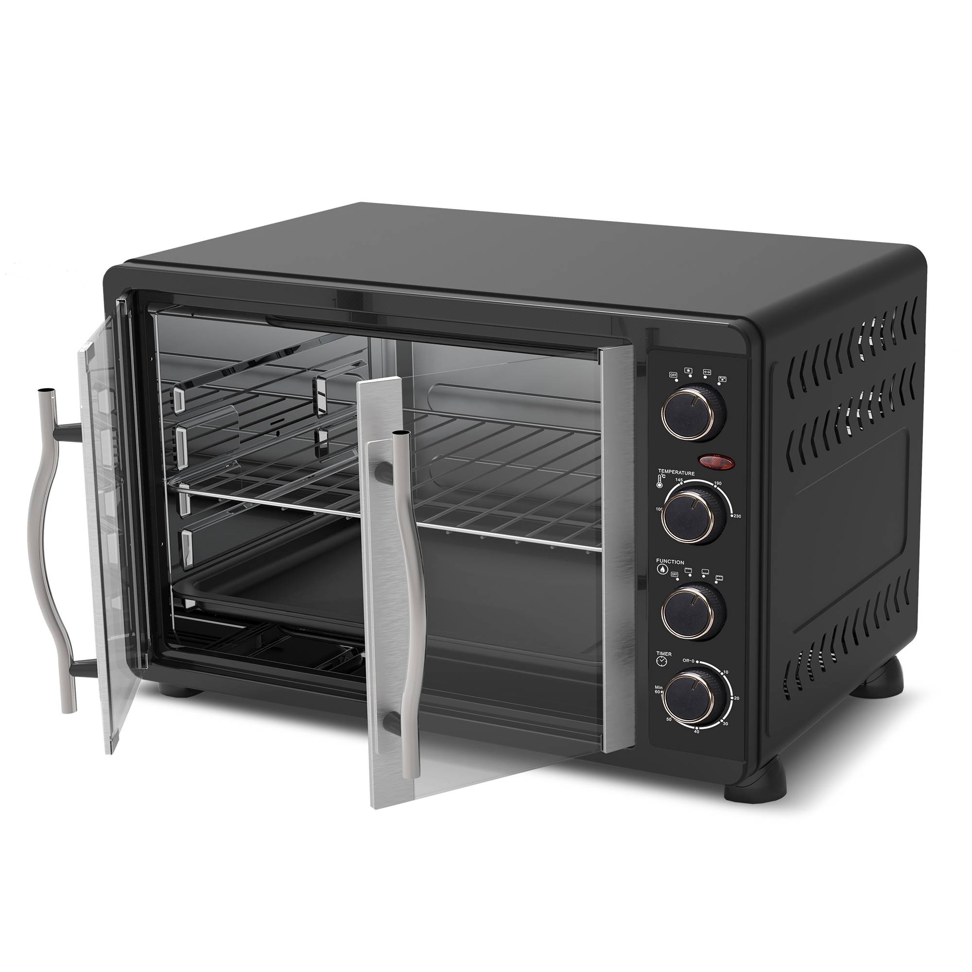 TurboTronic Minibackofen mit Umluft, 45l, schwarz, 2000W, Drehspieß, Timer, Mini Backofen, Pizzaofen, Backblech, Innenbeleuchtung