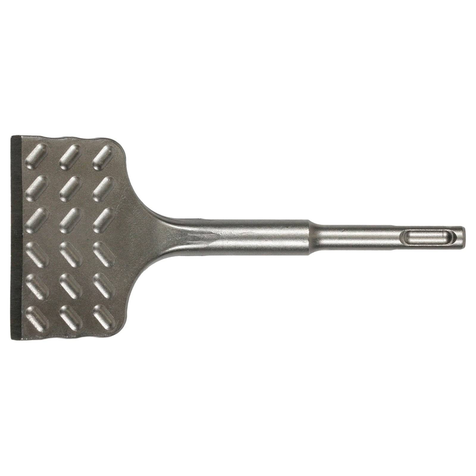Flacher Meißel mit einem strukturierten Metallkopf und glattem Griff, der zum Brechen oder Formen harter Materialien wie Beton oder Stein verwendet wird.