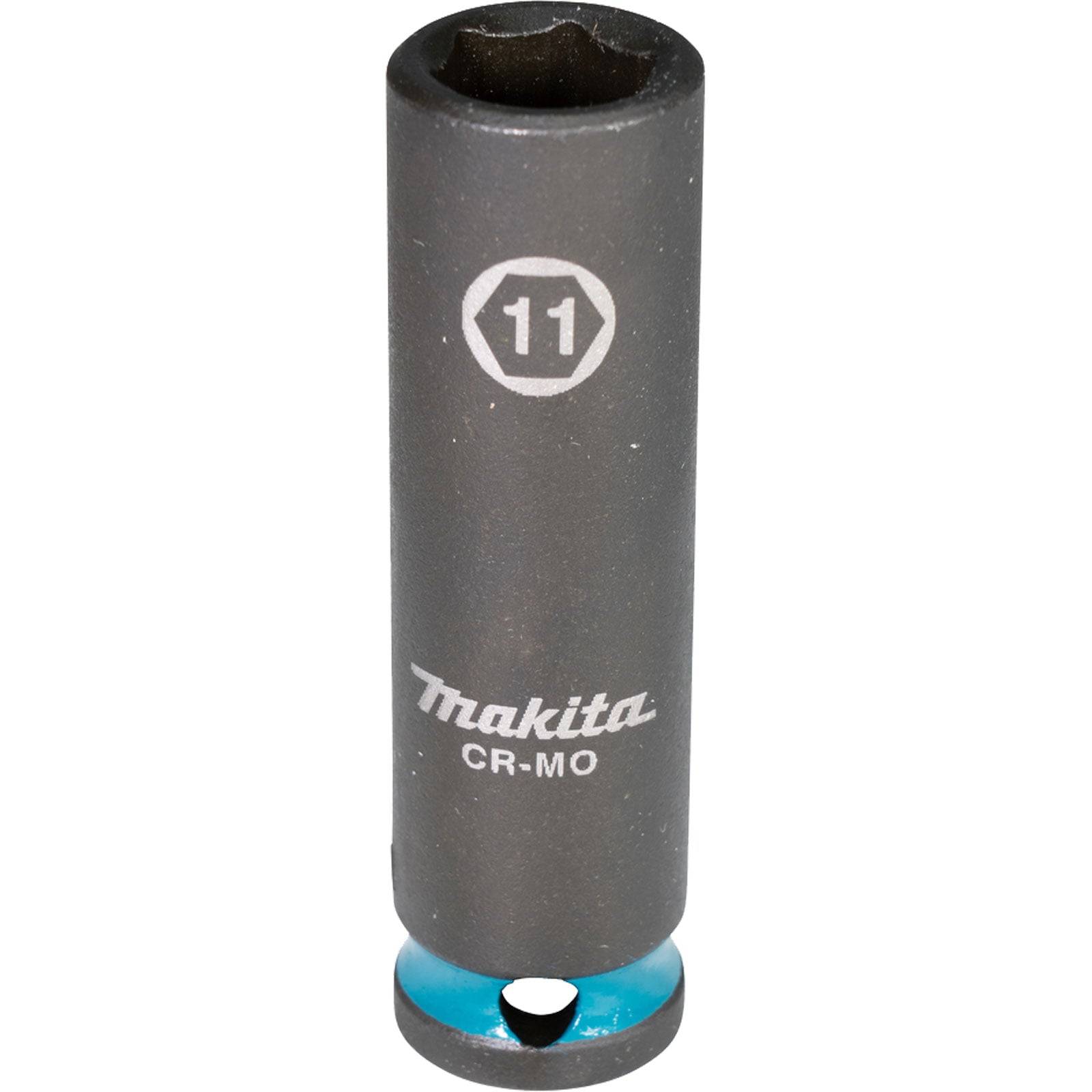 Eine schwarze Makita CR-MO Stecknuss mit der Beschriftung '11' und einem blauen Streifen nahe der Basis, die für den Einsatz mit Schlagschraubern entwickelt wurde.