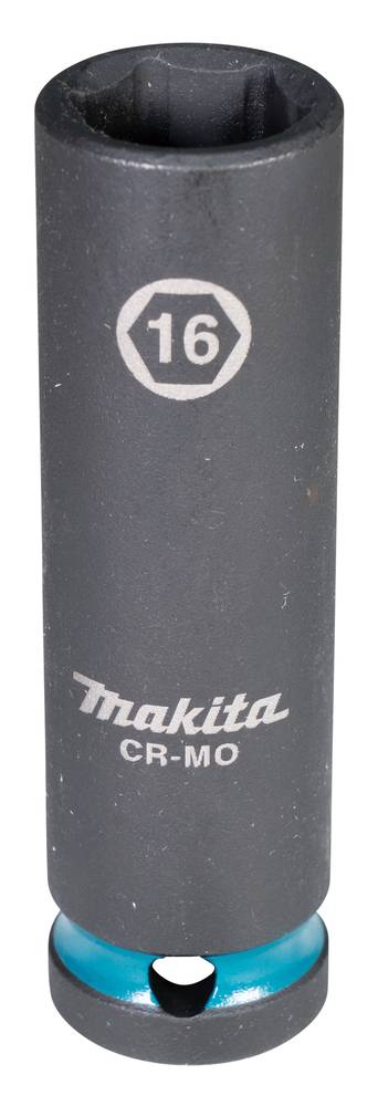 Makita CR-MO 16mm Tiefzündlocheinsatz, schwarzes zylindrisches Werkzeug mit blauem Bund und Größenmarkierung 16.