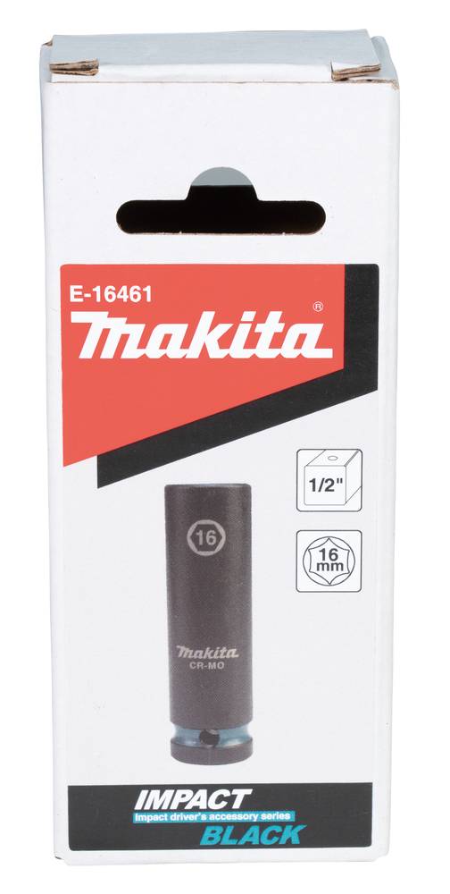 Makita Impact Black 1/2-Zoll-Schlagschrauber-Steckadapter in Einzelhandelsverpackung, gekennzeichnet mit E-16461 und 16 mm.