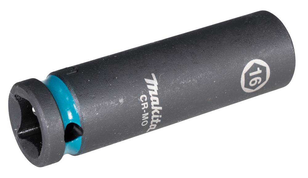 Schwarzes Makita 16-mm-Schlagschraubernussenwerkzeug mit blauem Ring, dargestellt auf weißem Hintergrund.